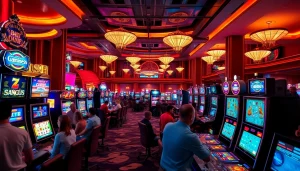 คาสิโนที่มีบรรยากาศตื่นเต้นและผู้คนเล่นการพนันอย่างมีชีวิตชีวา