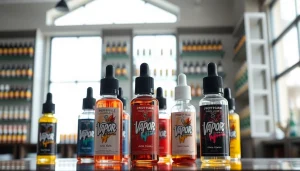 Flaschen mit Liquid in einem modernen Geschäft, das die Vielfalt und Qualität von Dampfprodukten zeigt.