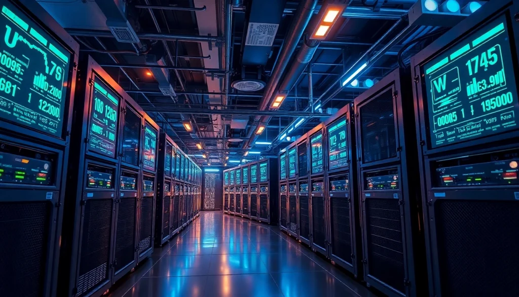 Dynamic crypto mining operation featuring ASIC miners and digital stats displayed on screens.