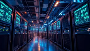 Dynamic crypto mining operation featuring ASIC miners and digital stats displayed on screens.