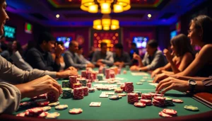 Menggambar suasana Domino88 poker game yang seru dengan pemain yang beraksi di meja.