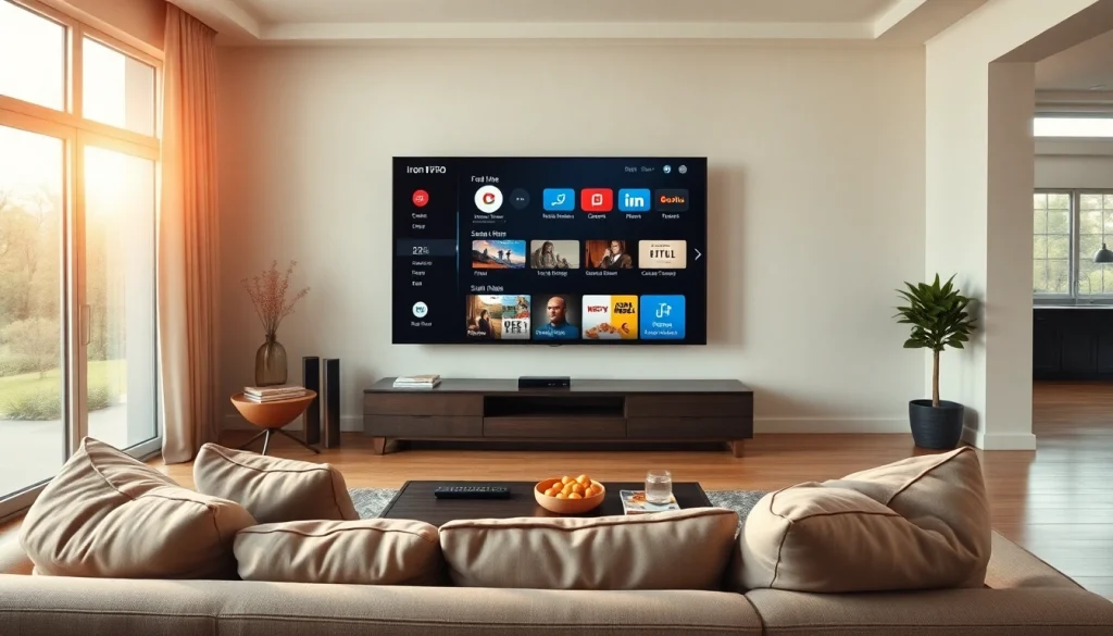 Engaging living room scene showcasing the Iron TV Pro interface on a large screen.