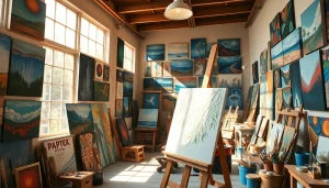 Canvas kunstwerken in een inspirerende kunstenaarsstudio vol creativiteit.