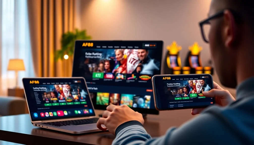 Experience the engaging online gambling platform of af88.com through modern tech devices displaying exciting game options.