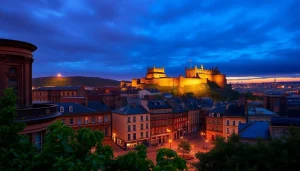 View of the Edinburgh skyline with historic architecture at sunset highlighting https://diknews.co.uk/edinburgh-news/.