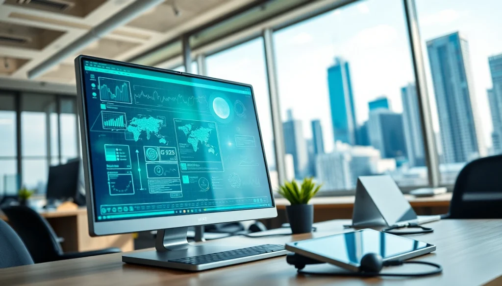 Engaging workspace illustrating Technology with modern devices and an urban skyline backdrop.