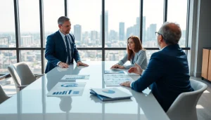 Engaging discussion about international real estate investment in a modern office setting.