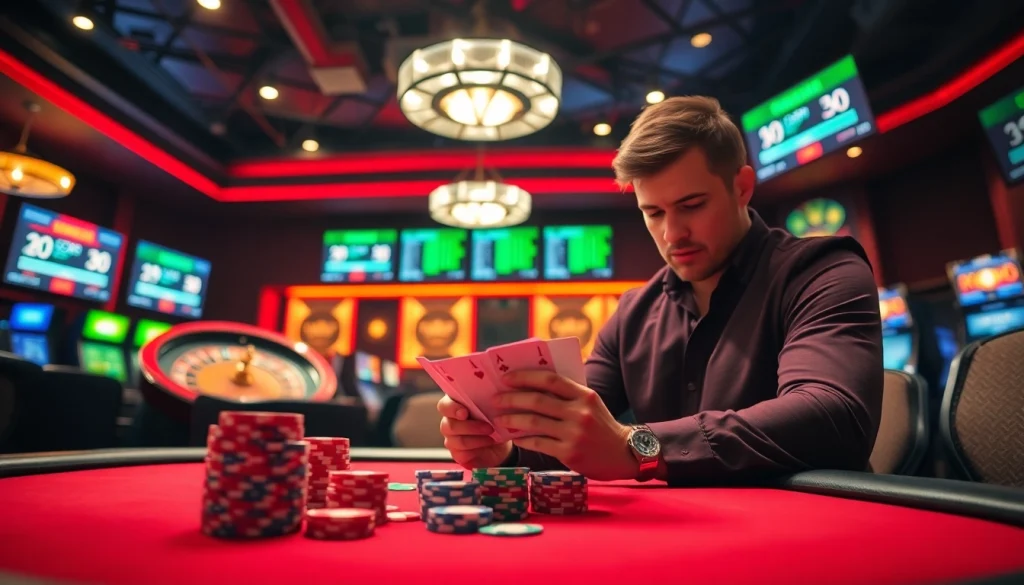 Experience high-stakes poker with 'Trực Tiếp Bóng Đá EU' betting options on digital screens, adding modern flair.