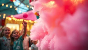 Geniet van wafel katoen in een vrolijke kermissetting met kleurrijke suikerspin.