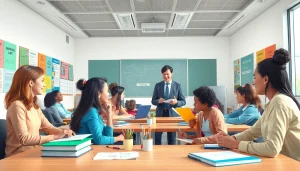 Engaging session in Education with students collaborating and exploring learning resources.