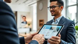Buy LinkedIn Profiles displayed on a tablet in a professional office setting.