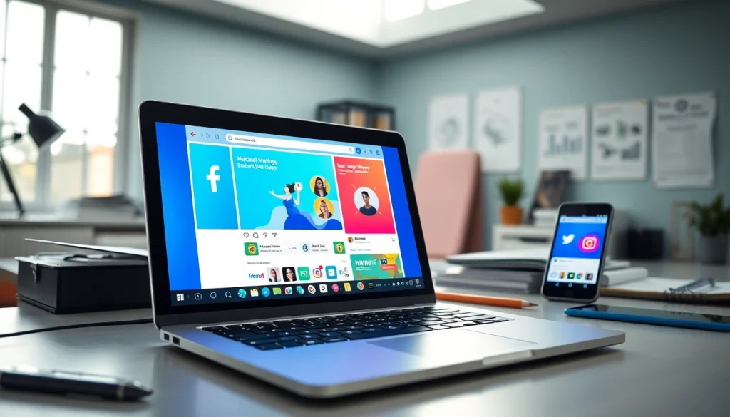 Engaging social media ads displayed on a laptop in a bright modern workspace.