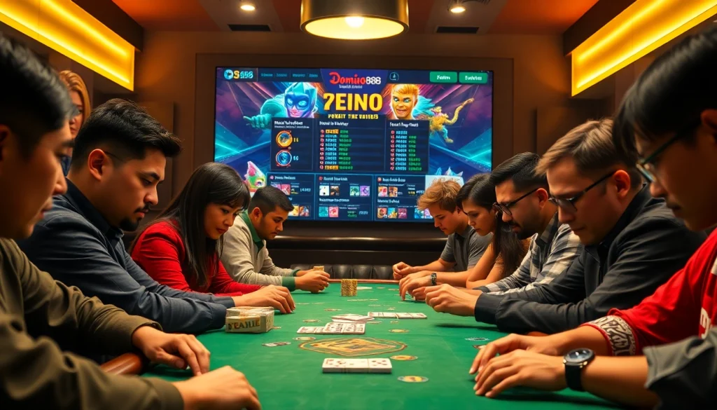 Main players enjoying a Domino88 poker game in a vibrant, engaging atmosphere.