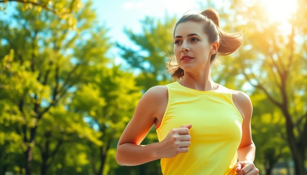 Enhance your health by jogging in a vibrant urban park with a focused runner.