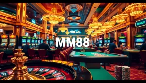 Experience the excitement of Nhà cái MM88 with players engaging at poker tables, surrounded by vibrant casino decor and roulette wheels.