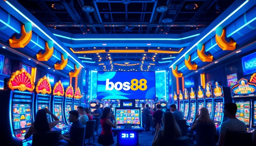 Menampilkan logo bos88 di antaranya permainan slot yang menarik dan antusias pemain.