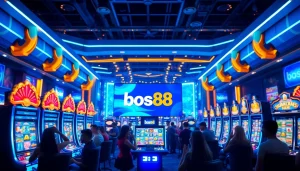 Menampilkan logo bos88 di antaranya permainan slot yang menarik dan antusias pemain.