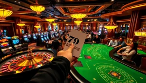 79king casino scene featuring players celebrating wins at roulette and poker tables.