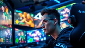 Engaged gamer focused on a match on TV88 with dynamic game visuals.