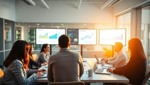 Engaged digital marketing team analyzing data at https://fhpts.com in a bright, modern office.