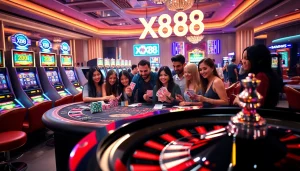 Players celebrating a winning hand at XX88 blackjack table amid vibrant casino lights.