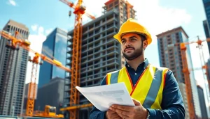 New York City Construction Manager overseeing a busy construction site with cranes and skyscrapers.