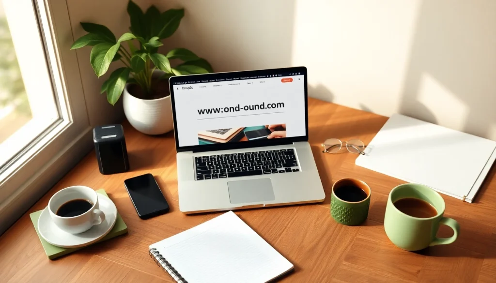 Showcase of a productive workspace featuring https://www.ound-ound.com on a laptop amidst notes and coffee.