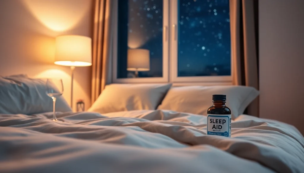 Promote sleep aid for weight loss in a calming bedroom atmosphere with a cozy bed and night sky.