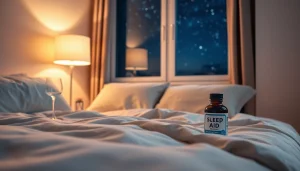 Promote sleep aid for weight loss in a calming bedroom atmosphere with a cozy bed and night sky.