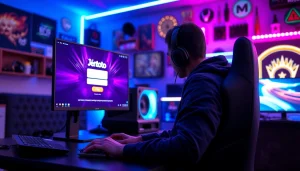 Masuk ke jentoto login dengan gamer fokus pada layar komputer.