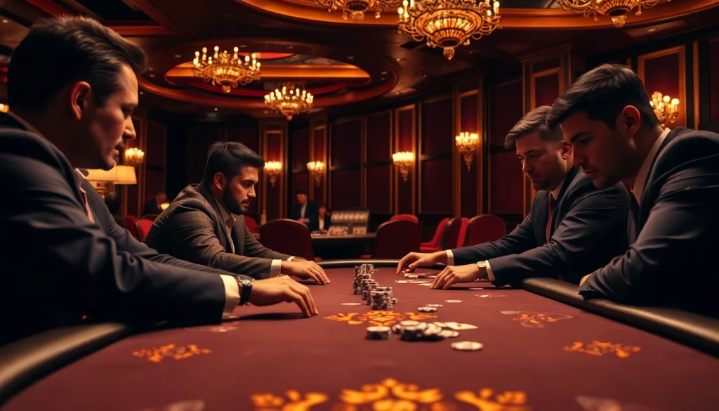 Permainan Domino88 poker game di kasino dengan pemain serius dan kartu tertata rapi