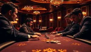 Permainan Domino88 poker game di kasino dengan pemain serius dan kartu tertata rapi