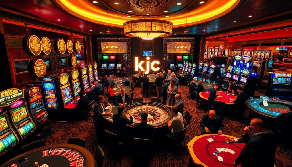 KJC casino excitement with players at poker tables and dazzling slot machines, capturing the thrill of winning.