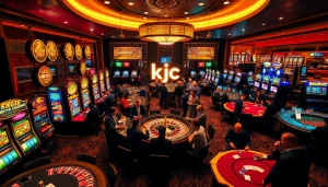 KJC casino excitement with players at poker tables and dazzling slot machines, capturing the thrill of winning.