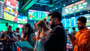 Engaged players analyzing options on best sports betting sites in India within a vibrant sportsbook.