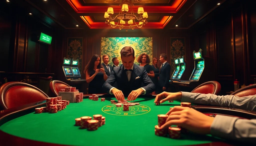 Experience the thrill of poker at mm88.com with players engaged around a lavish casino table filled with chips and cards.