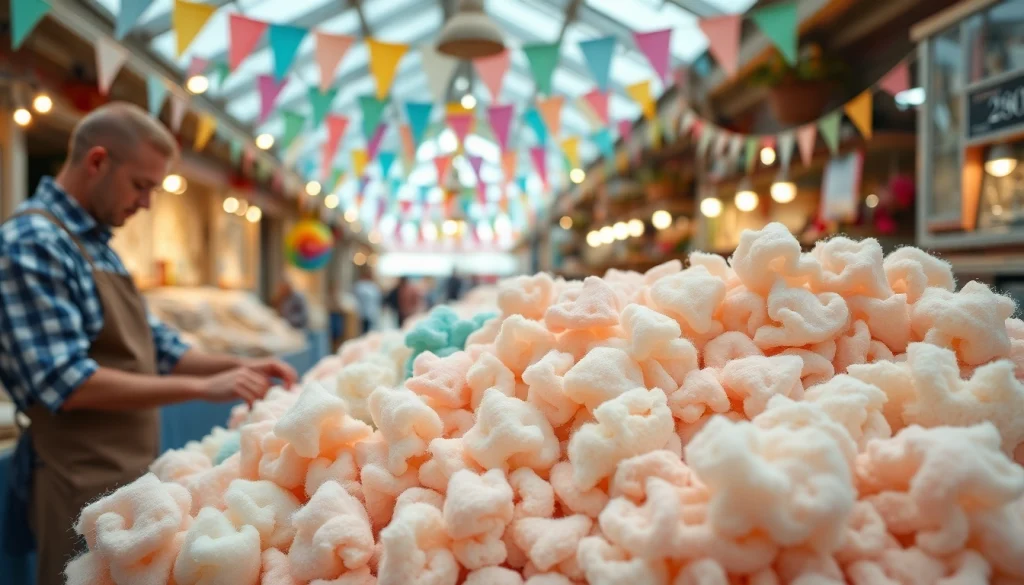 Wafel katoen in diverse kleuren op een levendige markt, met een ambachtsman aan het werk.