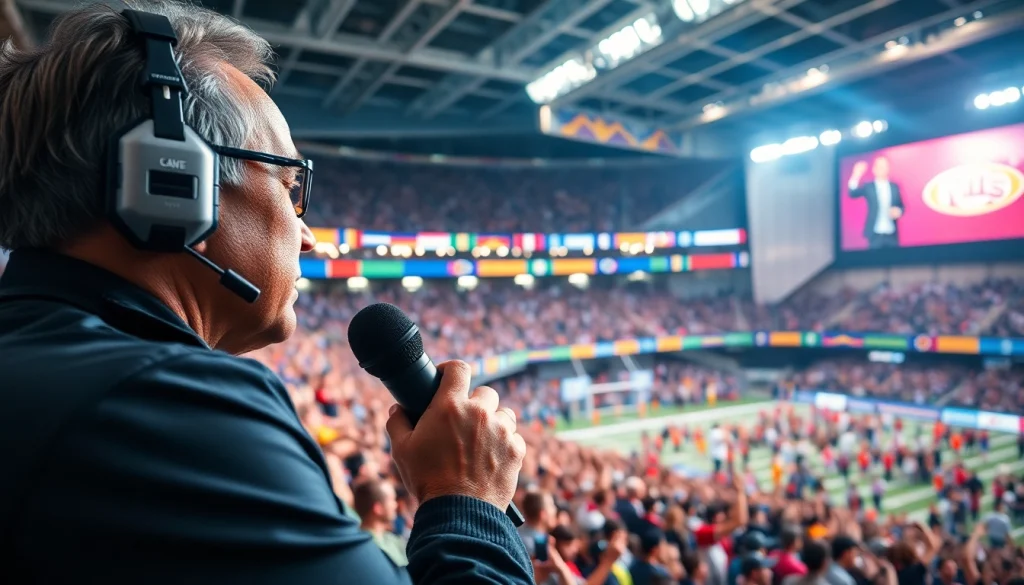 스포츠중계를 실시간으로 생중계하는 열정적인 방송 기자 모습