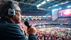 스포츠중계를 실시간으로 생중계하는 열정적인 방송 기자 모습