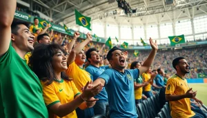 Engaging action shot illustrating sports betting in Brazil with fans passionately cheering in a stadium.