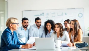 Engaged team of Quickplus Business Consultants strategizing in a modern office environment.