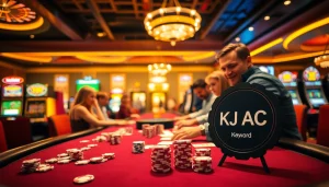 Players at KJC AC enjoy an exhilarating poker game with focused expressions, vibrant chips and cards in play.