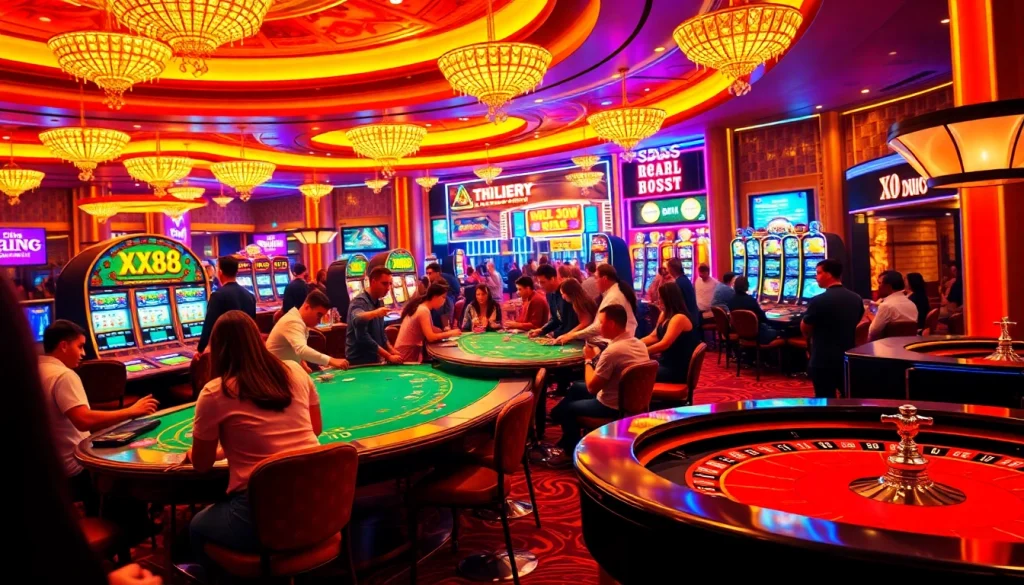 Experience the electrifying atmosphere of XX88 Casino with players enjoying blackjack, roulette, and slot machines.