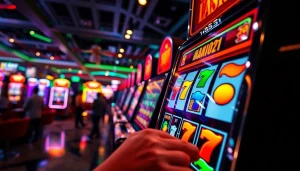 Permainan slot yang menarik dengan mesin berwarna-warni dan pemain yang bersemangat di kasino.