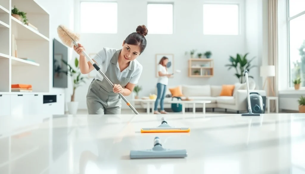 Efficient cleaning service team meticulously tidying a bright living room space.