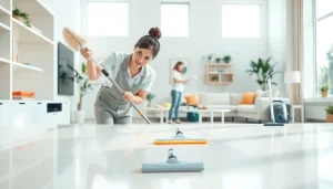 Efficient cleaning service team meticulously tidying a bright living room space.