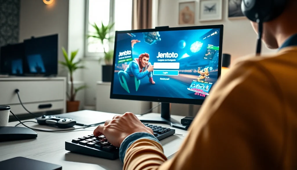 Login jentoto dengan fokus pada layar desktop di lingkungan kantor yang stylish.