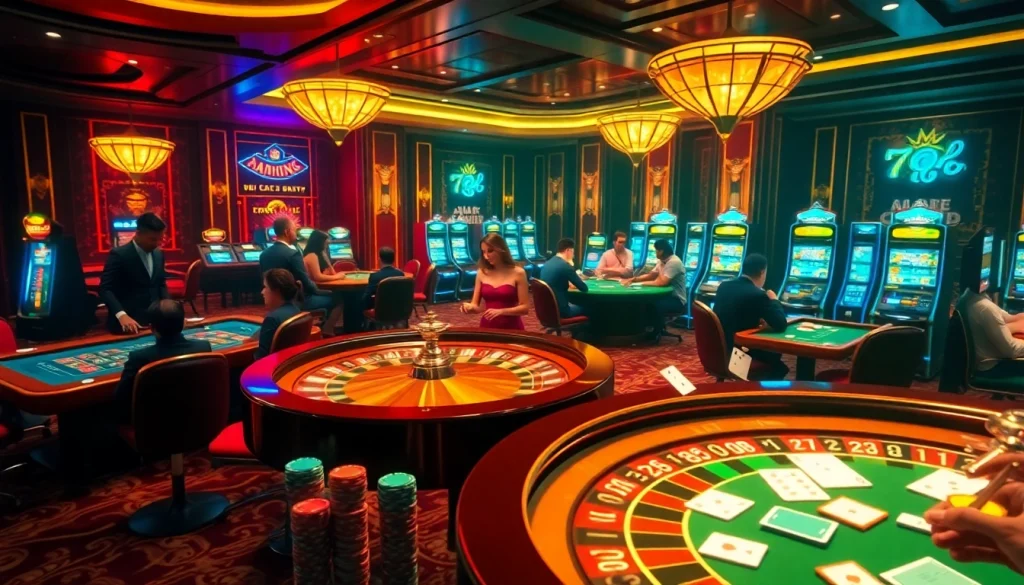 Experience the thrill of online gambling at https://79king.party/, with players enjoying vibrant poker tables and roulette wheels.