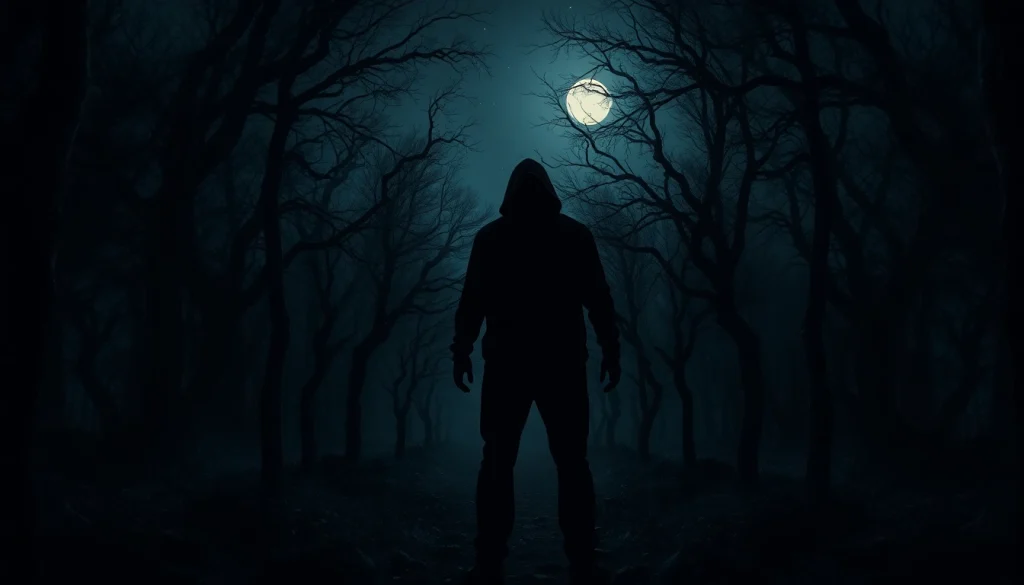 Tension-filled scene from a thriller book with shadowy figure in a dark forest.