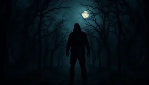 Tension-filled scene from a thriller book with shadowy figure in a dark forest.